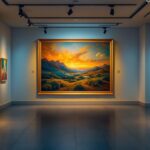 A photograph of capture a photograph of a well-lit art gallery showcasing various paintings