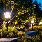 A photograph of a well-lit outdoor landscape showcasing various styles of landscape lighting fixtures in use