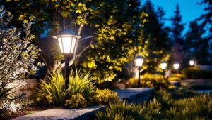 A photograph of a well-lit outdoor landscape showcasing various styles of landscape lighting fixtures in use