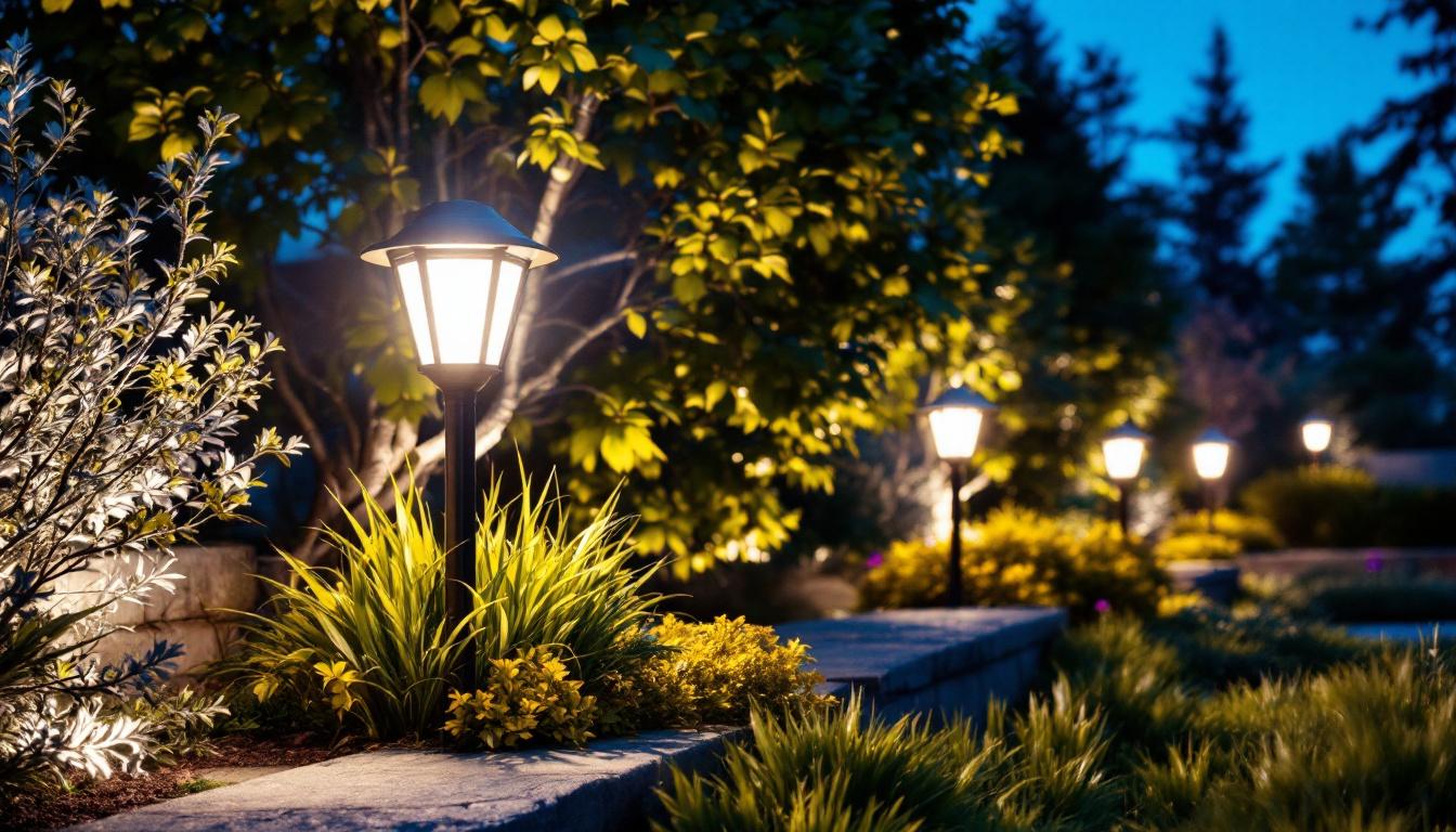 A photograph of a well-lit outdoor landscape showcasing various styles of landscape lighting fixtures in use