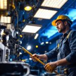 A photograph of a skilled lighting contractor working on an intricate lighting installation