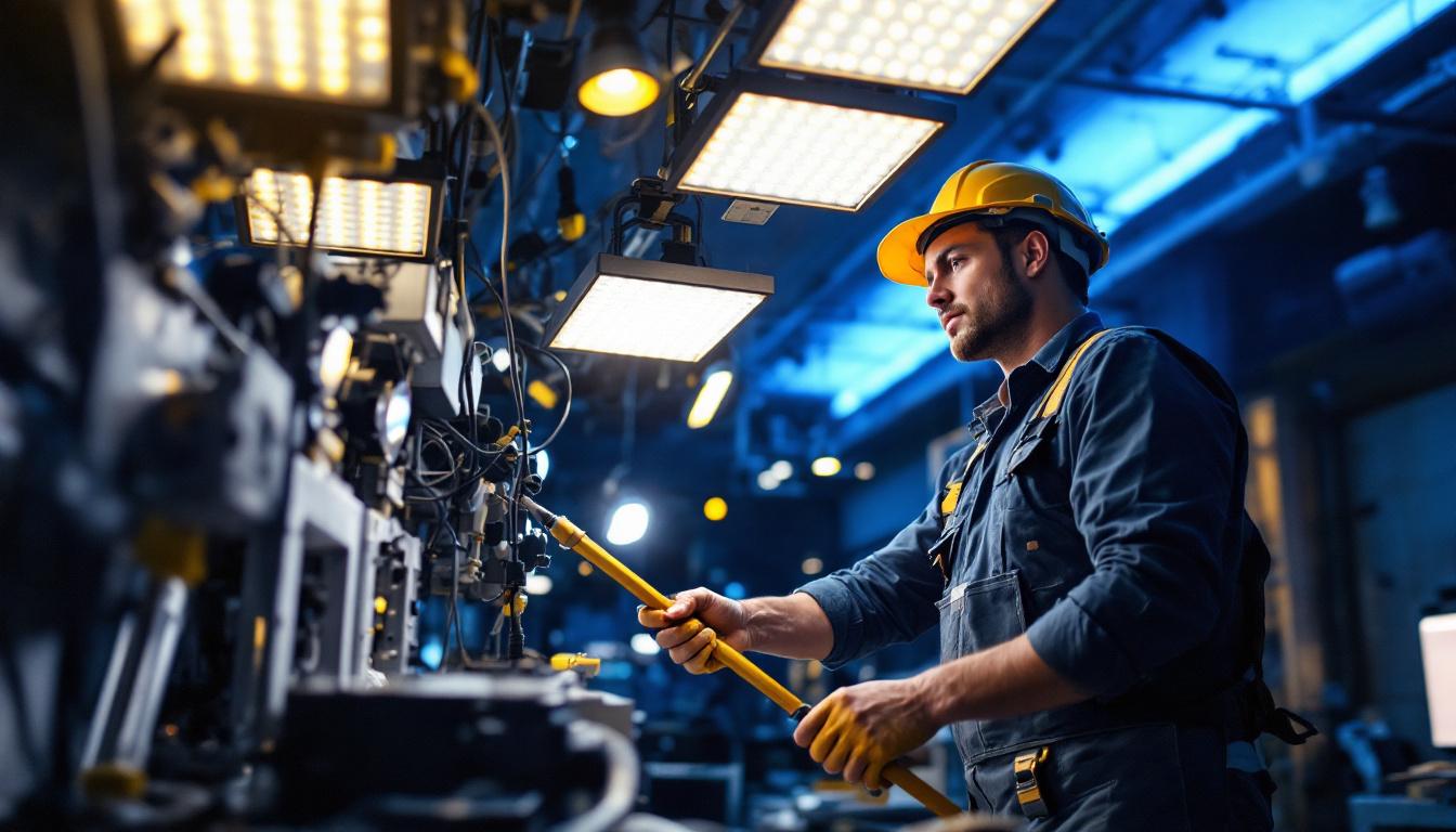 A photograph of a skilled lighting contractor working on an intricate lighting installation