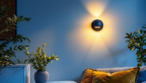 A photograph of a beautifully designed wall sconce illuminating a cozy room