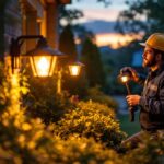 A photograph of a lighting contractor installing or adjusting outdoor led can lights in a beautifully landscaped setting during twilight