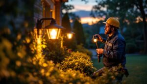 A photograph of a lighting contractor installing or adjusting outdoor led can lights in a beautifully landscaped setting during twilight