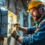 A photograph of a skilled lighting contractor installing a weatherproof electrical box outdoors