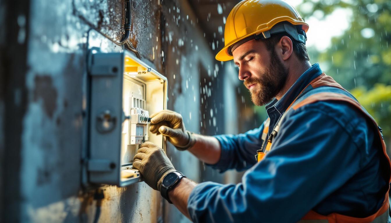 A photograph of a skilled lighting contractor installing a weatherproof electrical box outdoors