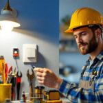 A photograph of a lighting contractor installing a timer electrical switch in a residential setting