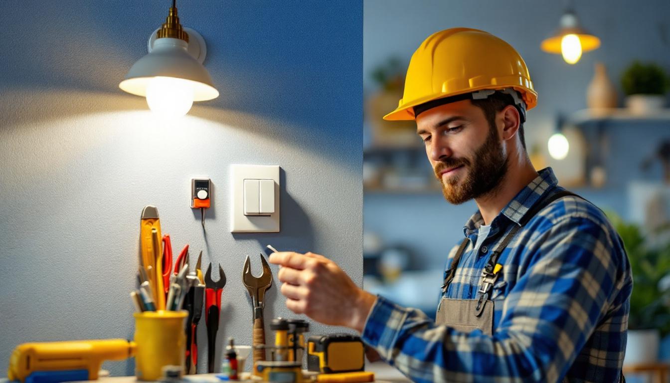 A photograph of a lighting contractor installing a timer electrical switch in a residential setting