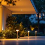 A photograph of a beautifully illuminated outdoor space featuring motion sensor lights in action