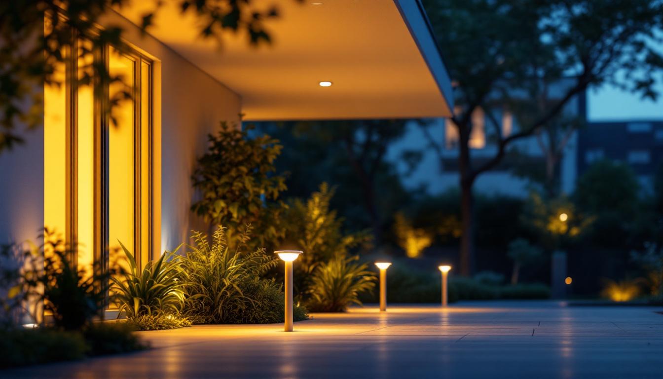 A photograph of a beautifully illuminated outdoor space featuring motion sensor lights in action