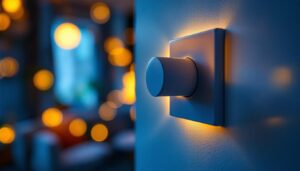 A photograph of a close-up of a modern dimmer light switch being adjusted