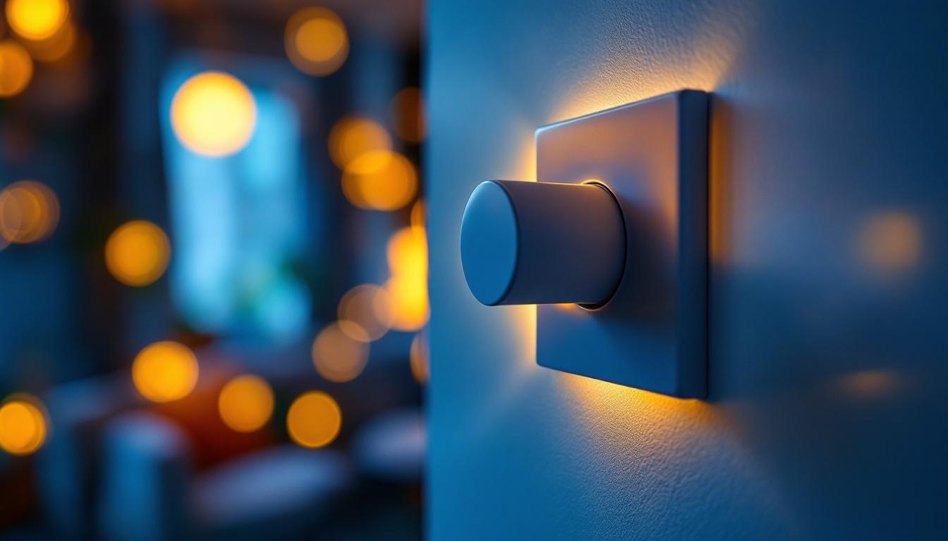A photograph of a close-up of a modern dimmer light switch being adjusted