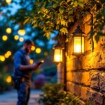 A photograph of a lighting contractor installing vibrant led lantern lights in a beautifully illuminated outdoor space