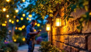A photograph of a lighting contractor installing vibrant led lantern lights in a beautifully illuminated outdoor space