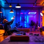 A photograph of a lighting contractor installing vibrant rgb led lights in a modern space