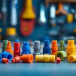 A photograph of a close-up shot of a variety of colorful silicone wire nuts arranged neatly on a workbench