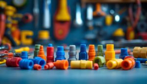 A photograph of a close-up shot of a variety of colorful silicone wire nuts arranged neatly on a workbench