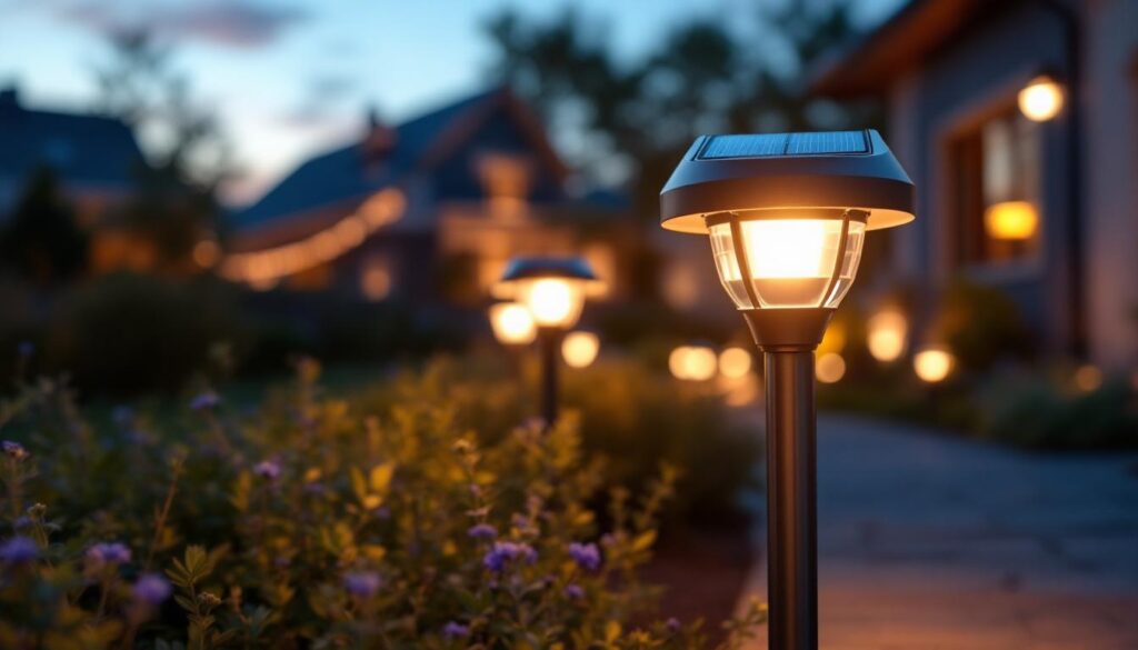 A photograph of a solar light installation in a well-lit outdoor setting at dusk