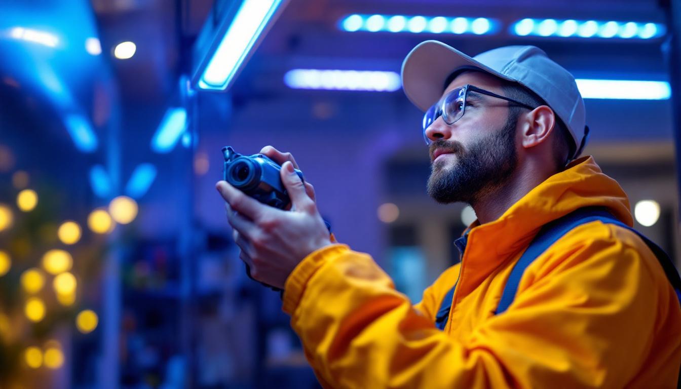 A photograph of a lighting contractor expertly installing led lights in a modern space