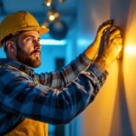 A photograph of a lighting contractor efficiently installing thin led lights in a modern setting