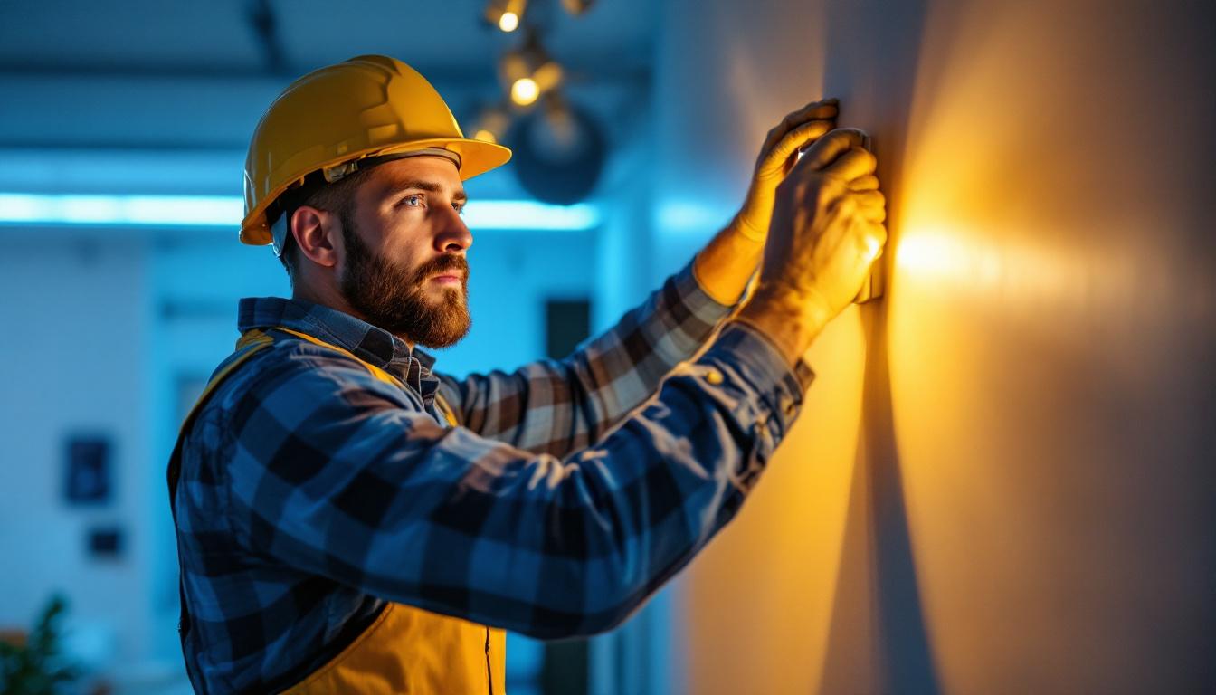 A photograph of a lighting contractor efficiently installing thin led lights in a modern setting