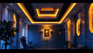 A photograph of a beautifully designed interior space featuring recessed lighting