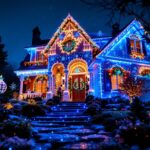 A photograph of a beautifully decorated residential home illuminated with vibrant projection christmas lights