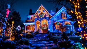 A photograph of a beautifully decorated residential home illuminated with vibrant projection christmas lights