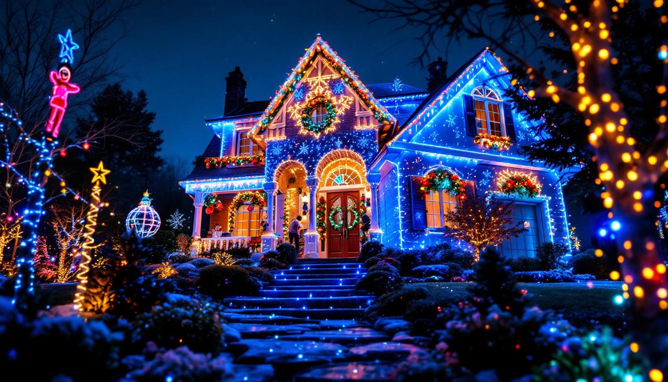A photograph of a beautifully decorated residential home illuminated with vibrant projection christmas lights