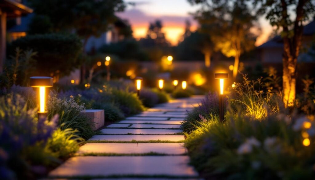 A photograph of a beautifully illuminated outdoor pathway featuring sleek solar pathway lights in a serene garden setting during twilight