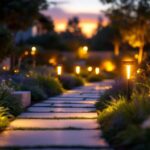 A photograph of a beautifully illuminated outdoor pathway featuring sleek solar pathway lights in a serene garden setting during twilight