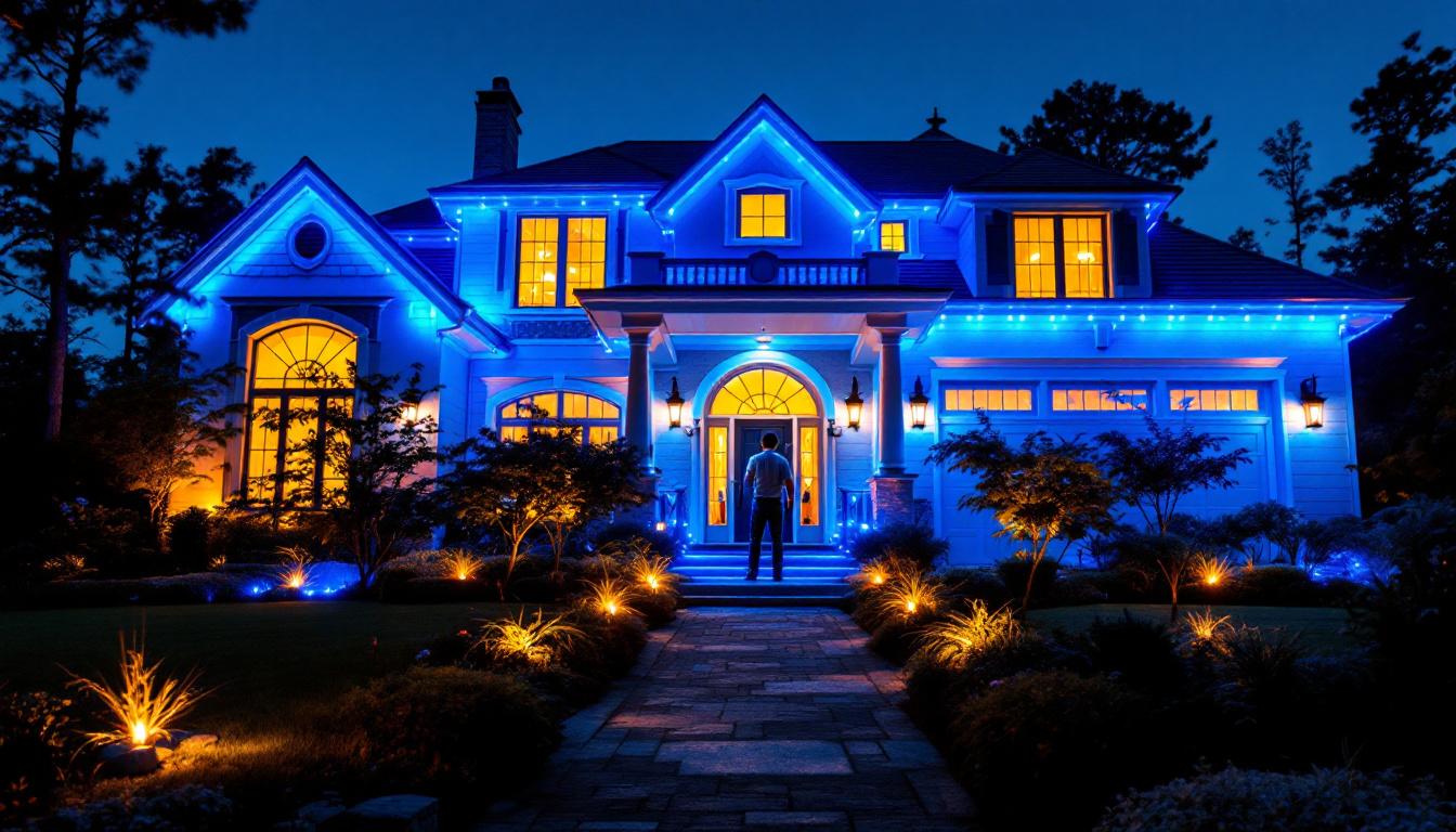 A photograph of a beautifully illuminated house showcasing vibrant blue lights