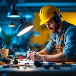 A photograph of a skilled lighting contractor at work