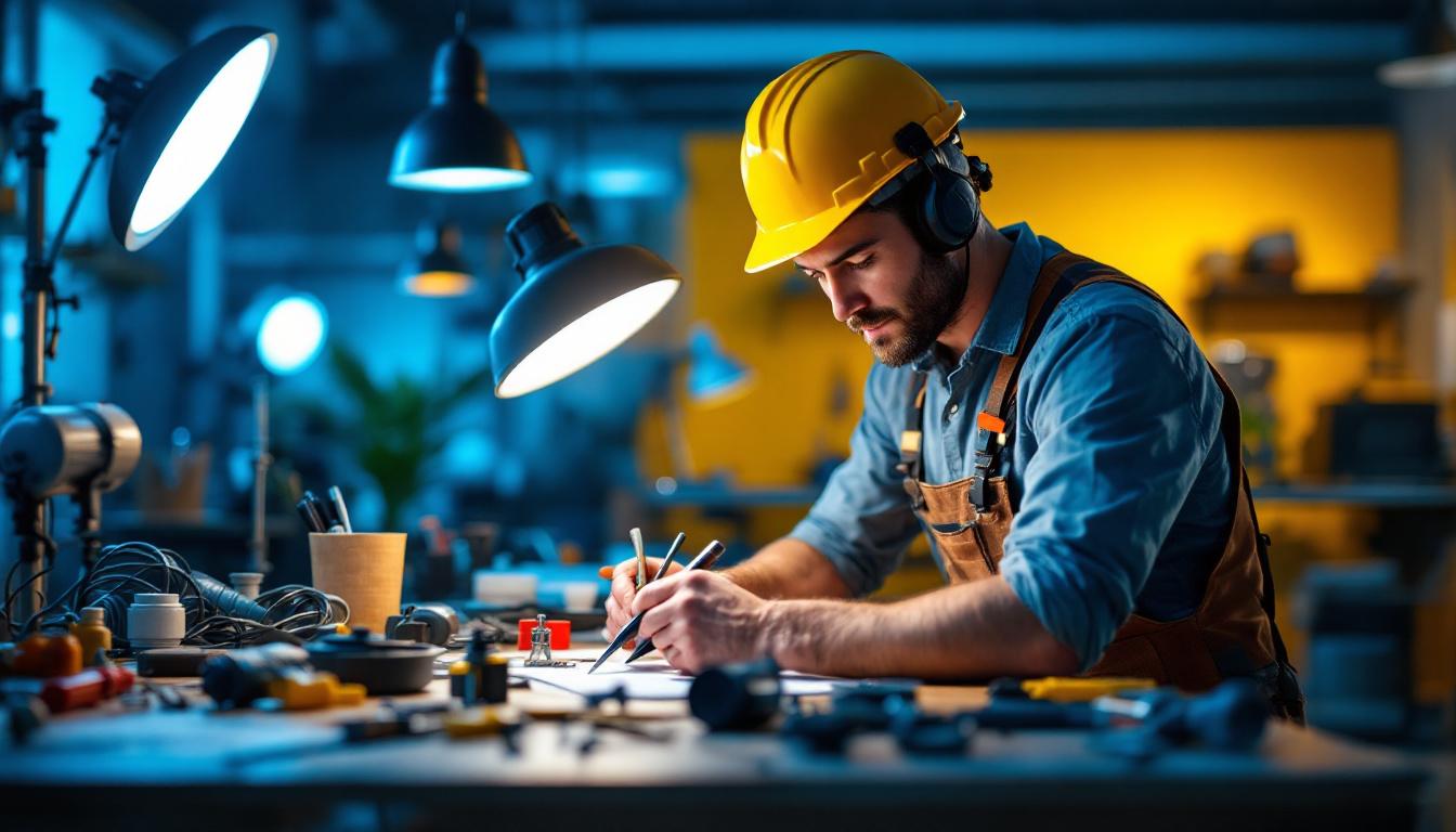 A photograph of a skilled lighting contractor at work