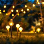A photograph of a beautifully illuminated outdoor space featuring various styles of solar light bulbs
