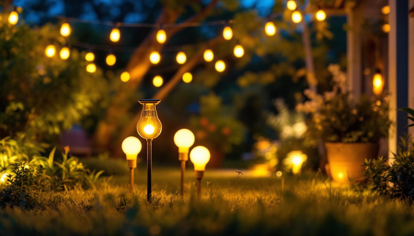 A photograph of a beautifully illuminated outdoor space featuring various styles of solar light bulbs