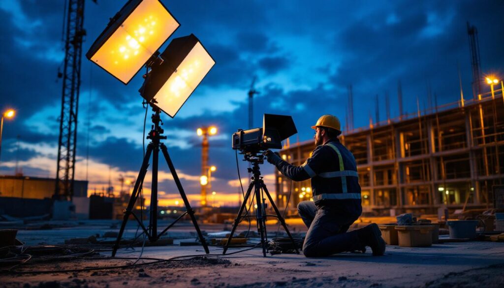 A photograph of a lighting contractor skillfully setting up portable field lights on a construction site during dusk
