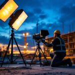 A photograph of a lighting contractor skillfully setting up portable field lights on a construction site during dusk