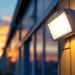 A photograph of a lighting contractor installing a rab led wall pack on a commercial building exterior at dusk