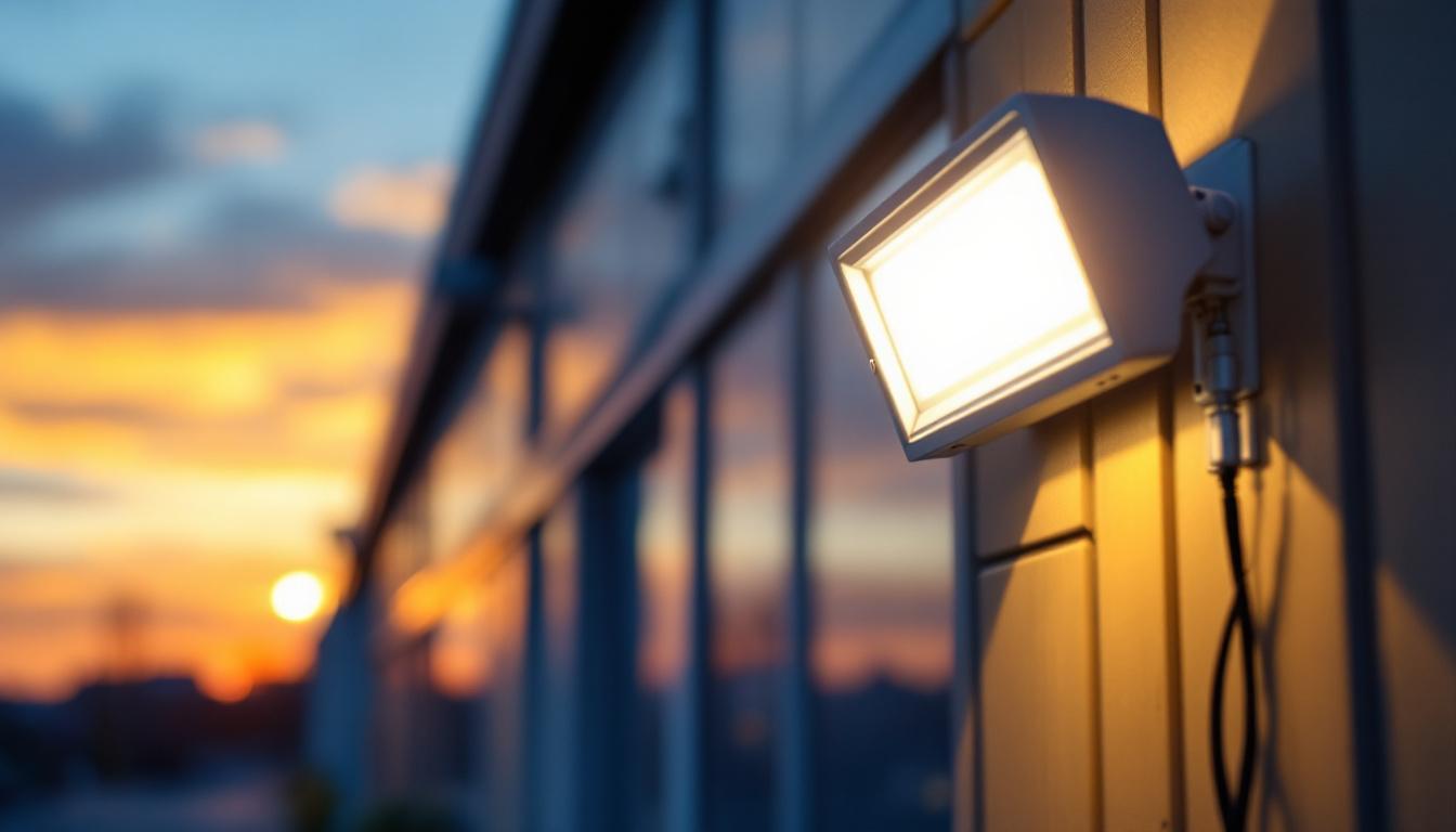 A photograph of a lighting contractor installing a rab led wall pack on a commercial building exterior at dusk