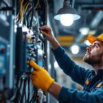 A photograph of a lighting contractor skillfully installing or adjusting a ballast electronic system in a commercial or residential setting