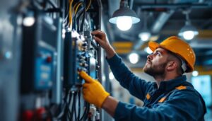 A photograph of a lighting contractor skillfully installing or adjusting a ballast electronic system in a commercial or residential setting