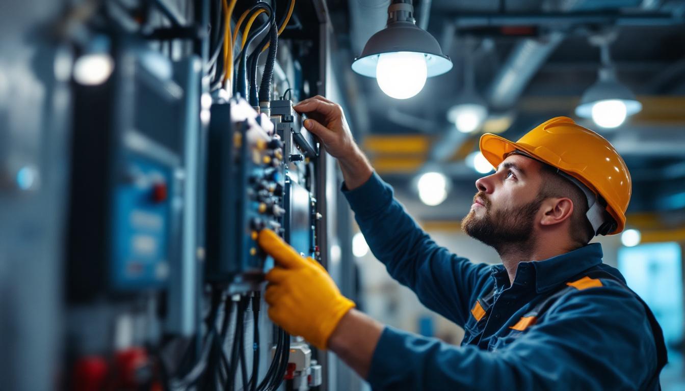 A photograph of a lighting contractor skillfully installing or adjusting a ballast electronic system in a commercial or residential setting