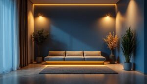 A photograph of a beautifully designed corner room featuring stylish corner lights that enhance the ambiance