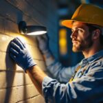 A photograph of a lighting contractor installing or adjusting a motion sensor light in a residential or commercial setting