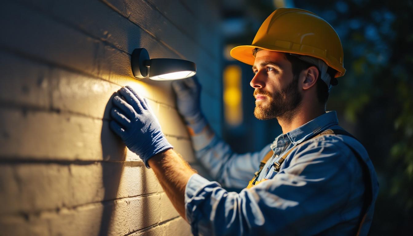 A photograph of a lighting contractor installing or adjusting a motion sensor light in a residential or commercial setting