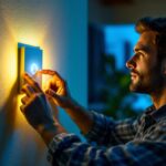 A photograph of a skilled lighting contractor installing a modern dimmer switch in a stylish home setting
