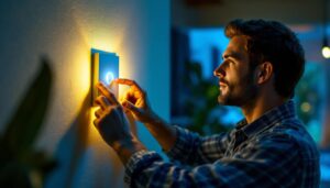 A photograph of a skilled lighting contractor installing a modern dimmer switch in a stylish home setting