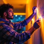 A photograph of a lighting contractor skillfully installing vibrant led tape lights in a modern interior setting